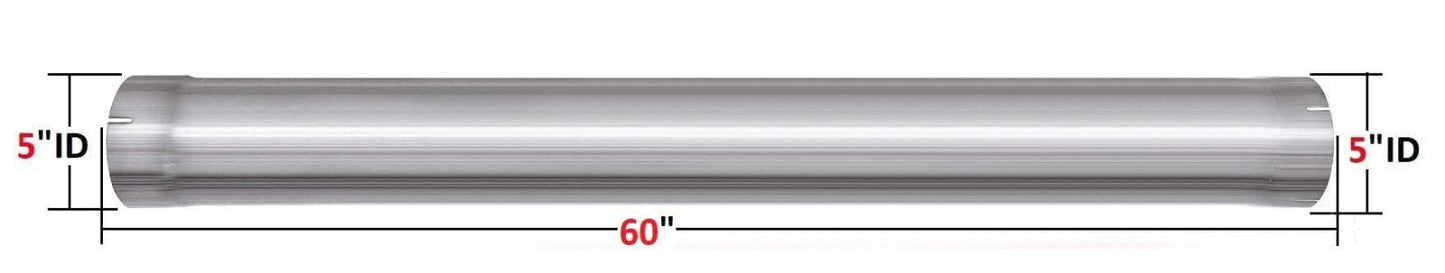 Stainless Steel Exhaust Straight Pipe 5" ID x 60" Long with Two Lap Joint Band Clamps