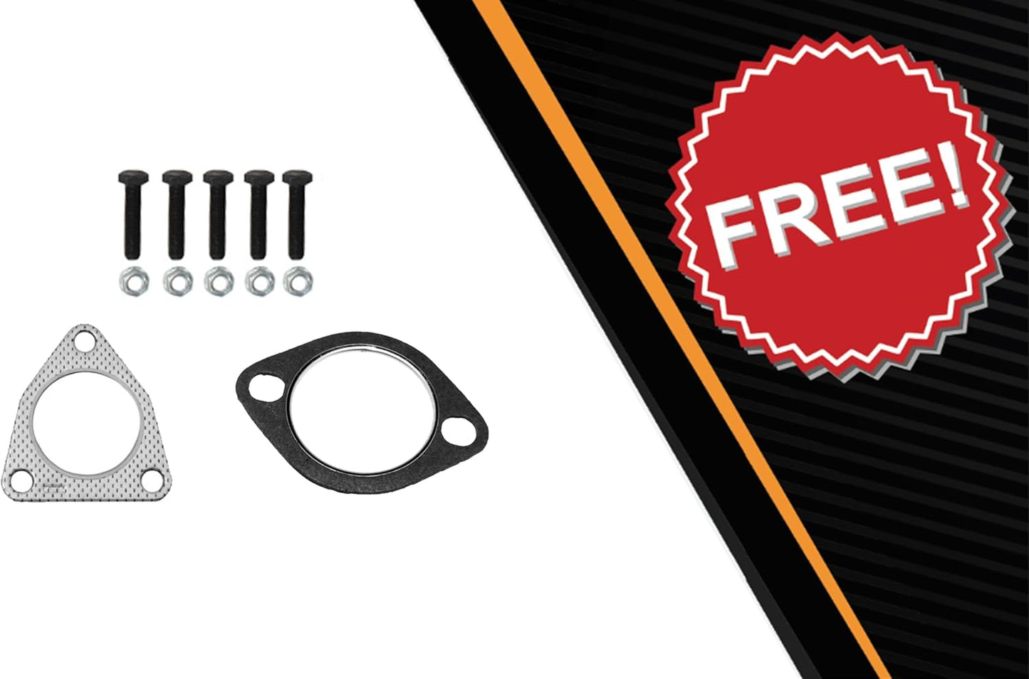 Mechanical parts including bolts, a gasket, and a 'FREE!' label on a black and orange background.