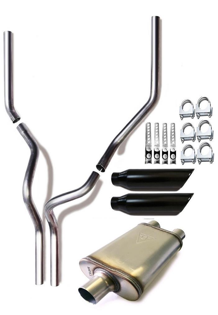 1987–2002 Ford F-150, F-250 and F-350 Dual 2.5'' Mandrel-Bent Pipe with Black Tips and 3" Center Diameter Dual Chamber Muffler Exhaust Kit
