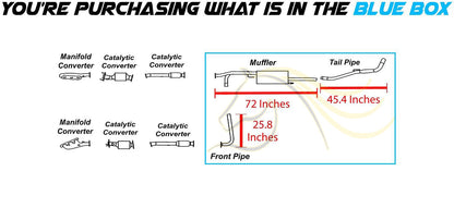 Diagram of exhaust system with measurements and text about fitment for vehicles.