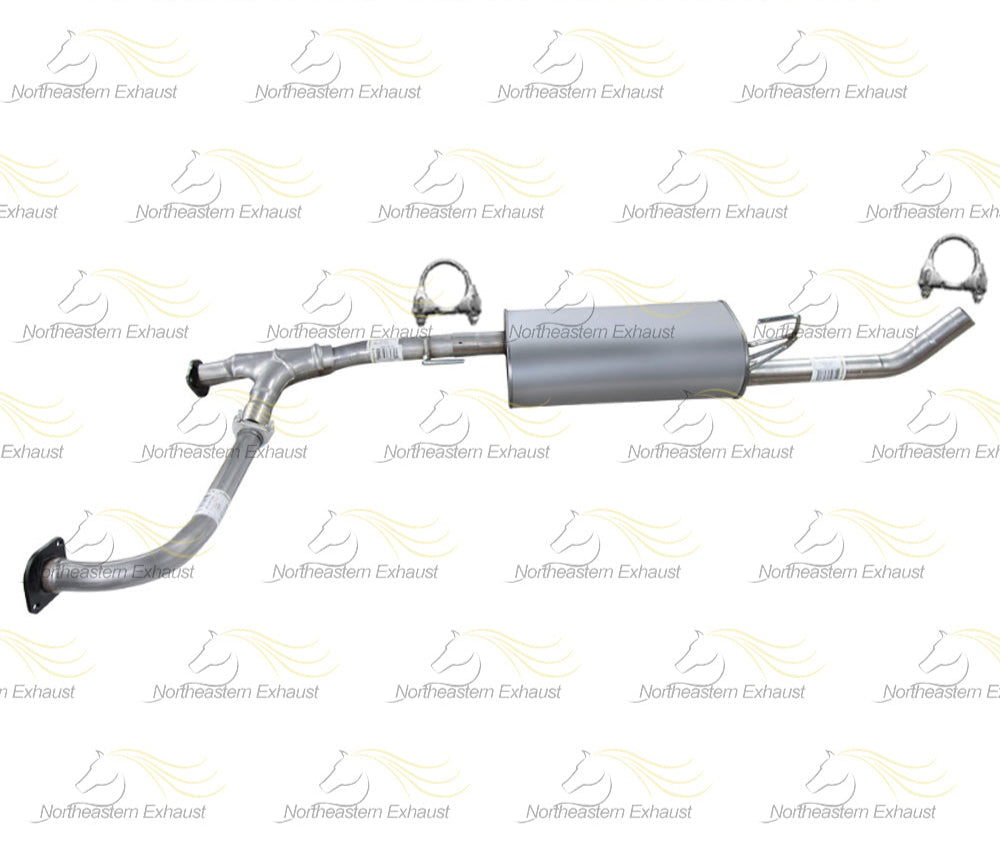 Exhaust pipe with text indicating it won't fit crew cab or long bed on a white background with brand logos.