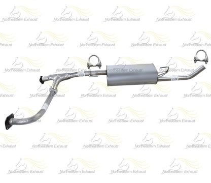 Exhaust pipe with text indicating it won't fit crew cab or long bed on a white background with brand logos.