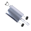 Stainless steel exhaust muffler with mounting hardware, including two rubber grommets and one metal clamp, displayed on a white background.