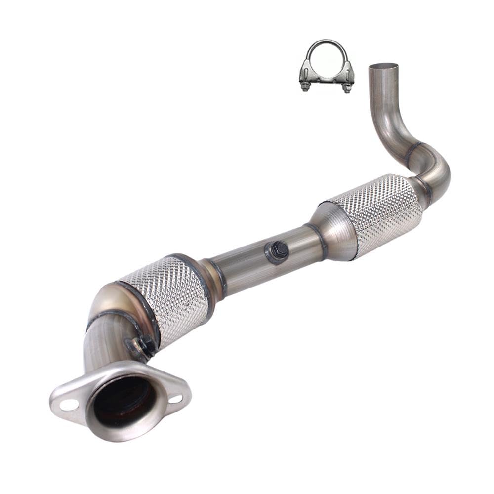 Stainless steel EPA-approved catalytic converter compatible with Ford F-150 2004-2006 5.4L, includes a mounting clamp.