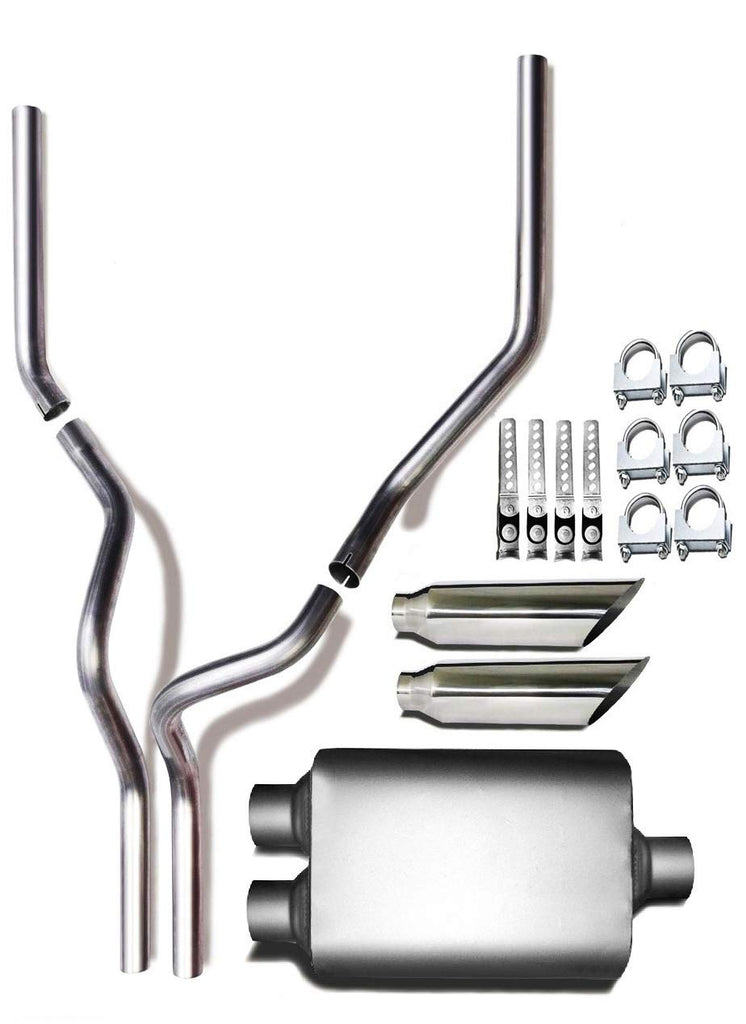 1987–2004 Dodge Ram 1500 and 2500 Dual 2.5'' Mandrel-Bent Pipe with Rounded Edge Tips and 2.5" Center Diameter Dual Chamber Muffler Exhaust Kit