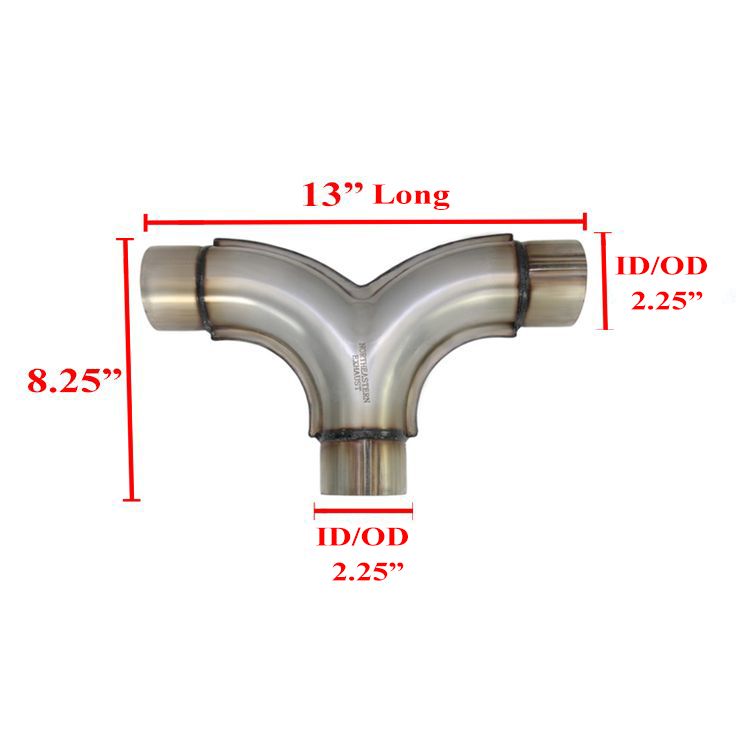 2.25" Inlet/Outlet 13" Long Stainless Steel Exhaust Universal Stamped Y-Pipe