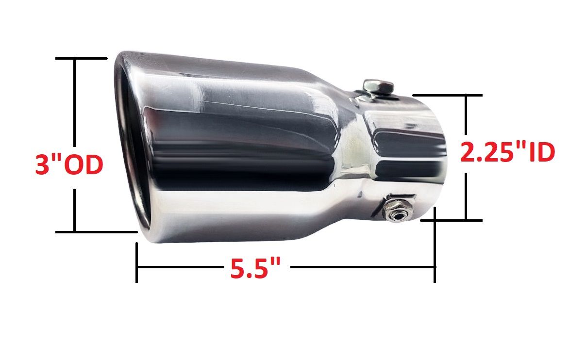 Single Angled Rolled-End Exhaust Tips 2.25" Inlet, 3" Outlet, 5.5" Long | Stainless Steel | 2 Pack