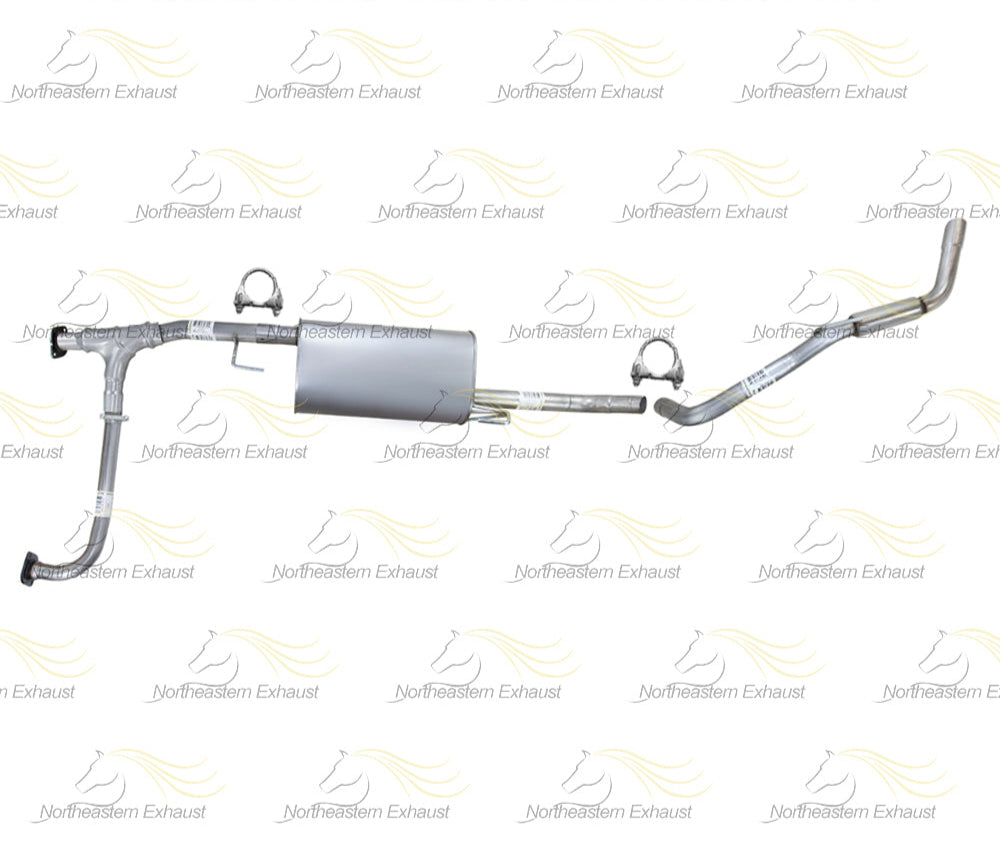 Exhaust system on a white background with text indicating it won't fit crew cab or long bed vehicles.