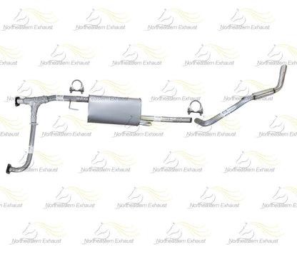 Exhaust system on a white background with text indicating it won't fit crew cab or long bed vehicles.