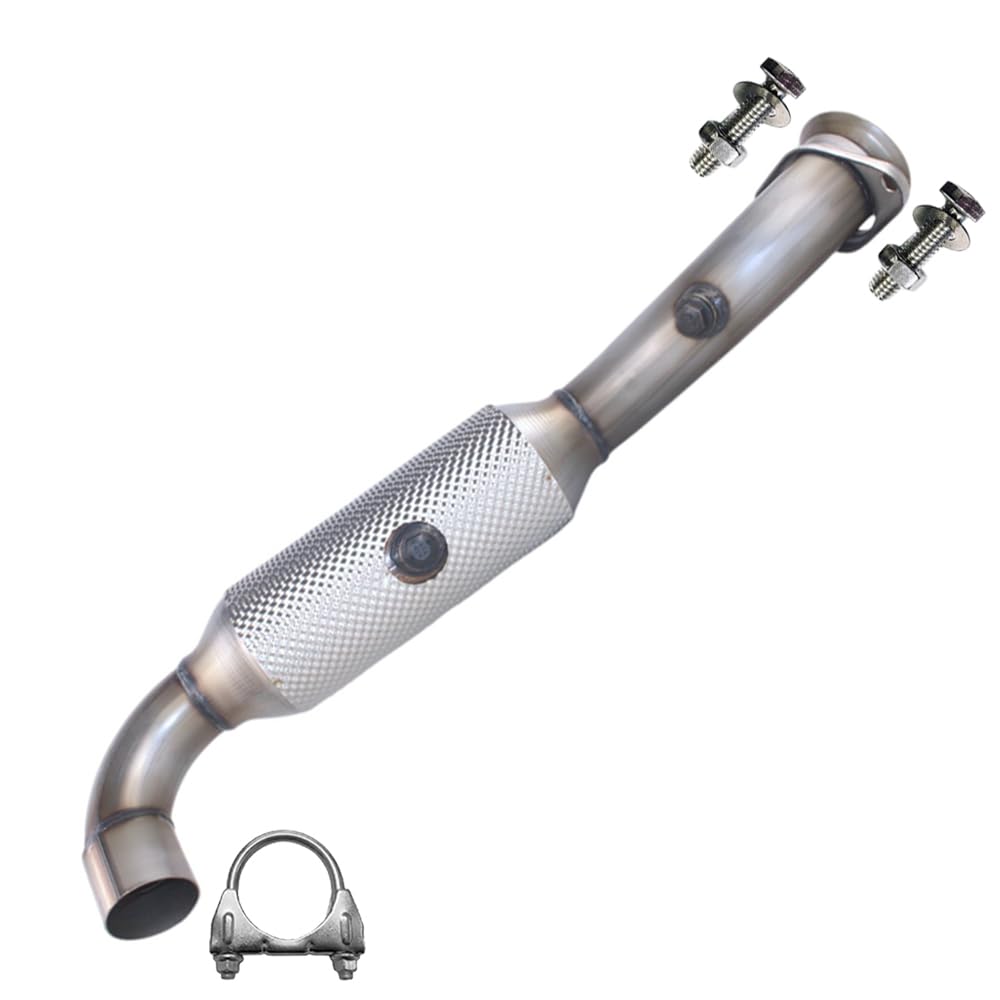 Stainless steel driver-side exhaust catalytic converter with a free clamp and bolts, compatible with Ford F-150 2015-2020 2.7L.