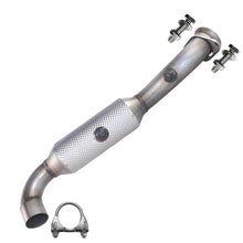 Stainless steel driver-side exhaust catalytic converter with a free clamp and bolts, compatible with Ford F-150 2015-2020 2.7L.