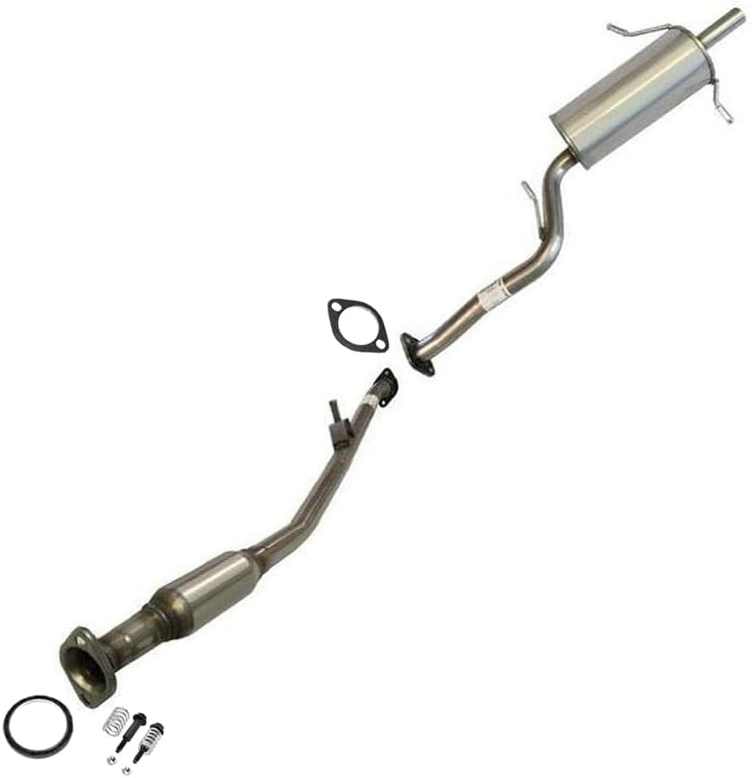 A stainless steel exhaust system kit including a resonator, muffler, and various connecting pipes and gaskets.