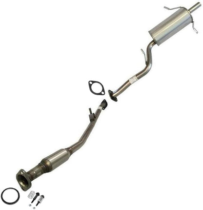 A stainless steel exhaust system kit including a resonator, muffler, and various connecting pipes and gaskets.
